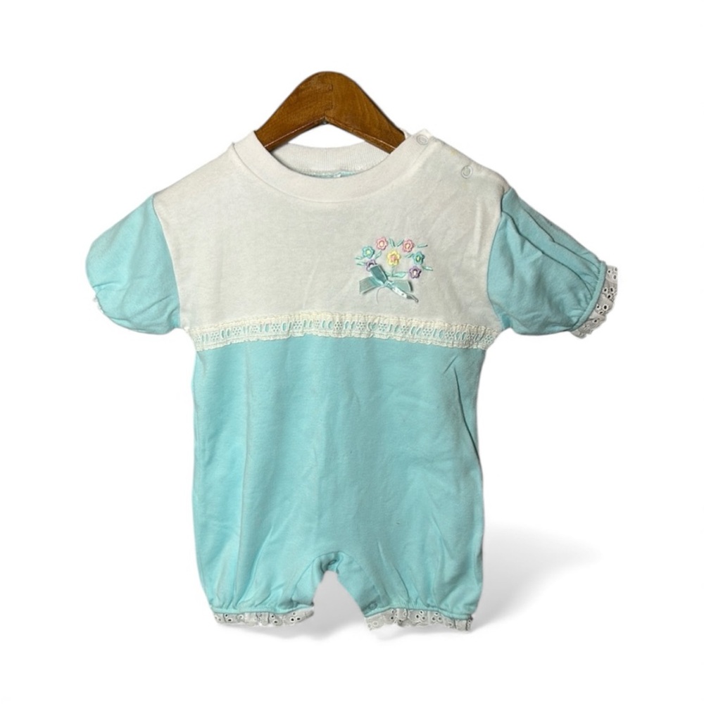 Vtg Romper Floral Embroidered Kids Bodysuit White and Blue Lace 12M